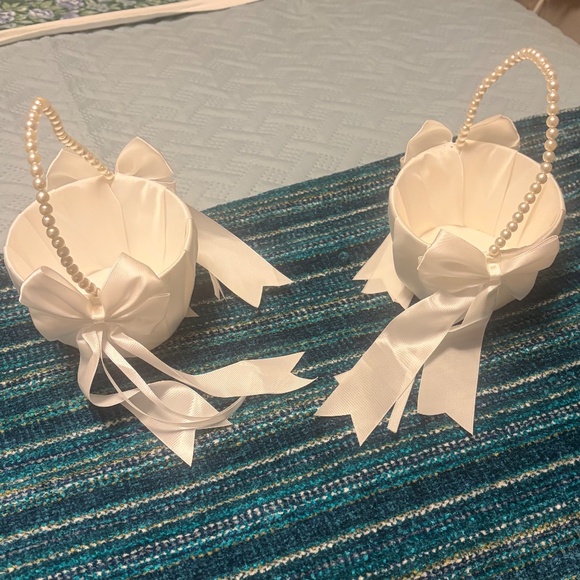 Two Flower Girl White Satin Baskets - Picture 7 of 8